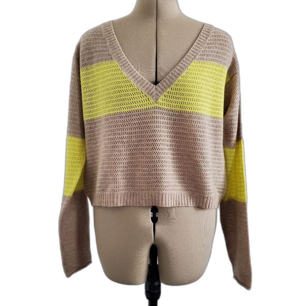 NEW Free People Women's Sweater Large Tan Yellow Striped Cropped 100% Cashmere